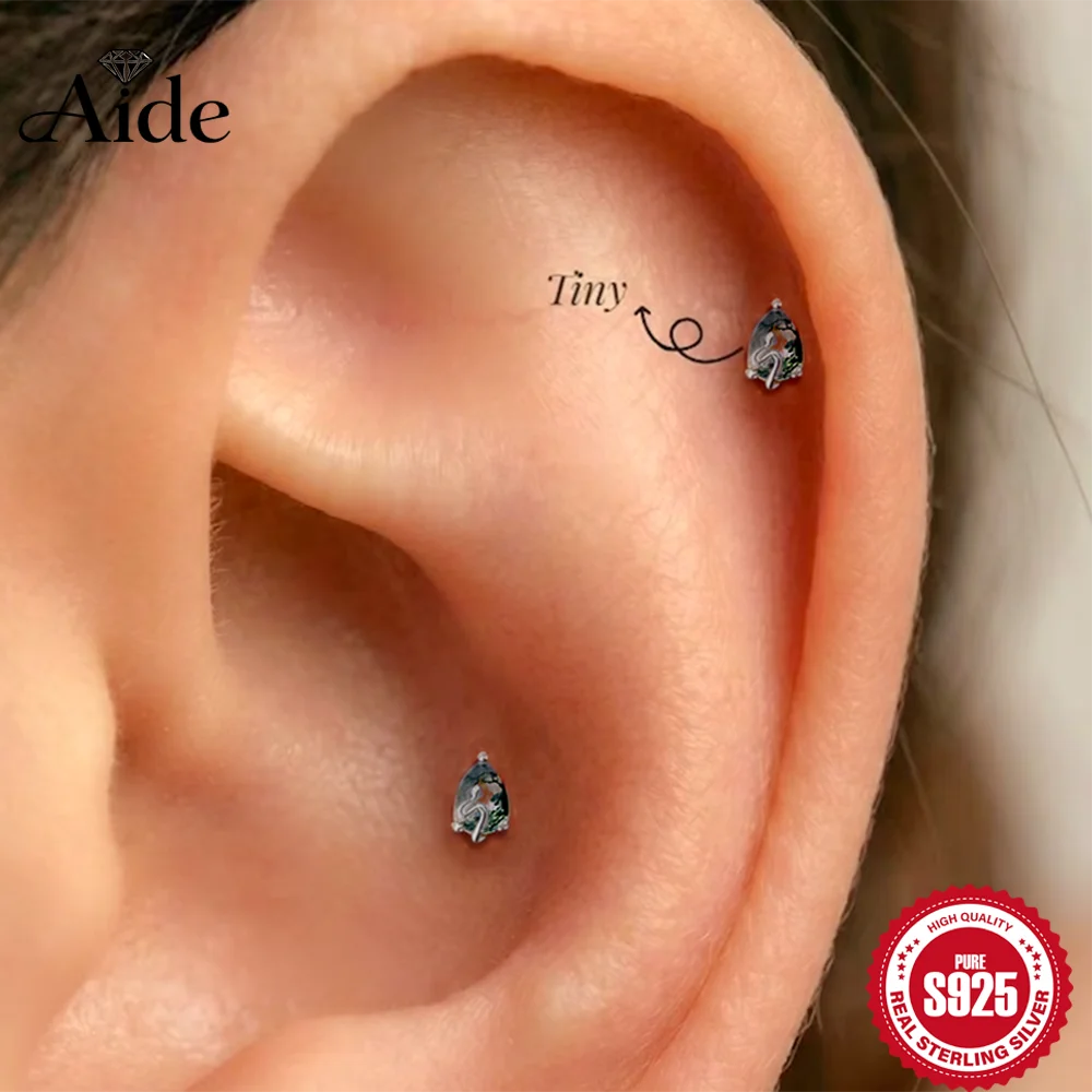 AIDE 1pc 925 Sterling Silver Natural Water Arass Agate Piercing Green Moss Earrings Women's Dainty Luxury Jewelry Birthday Gifts