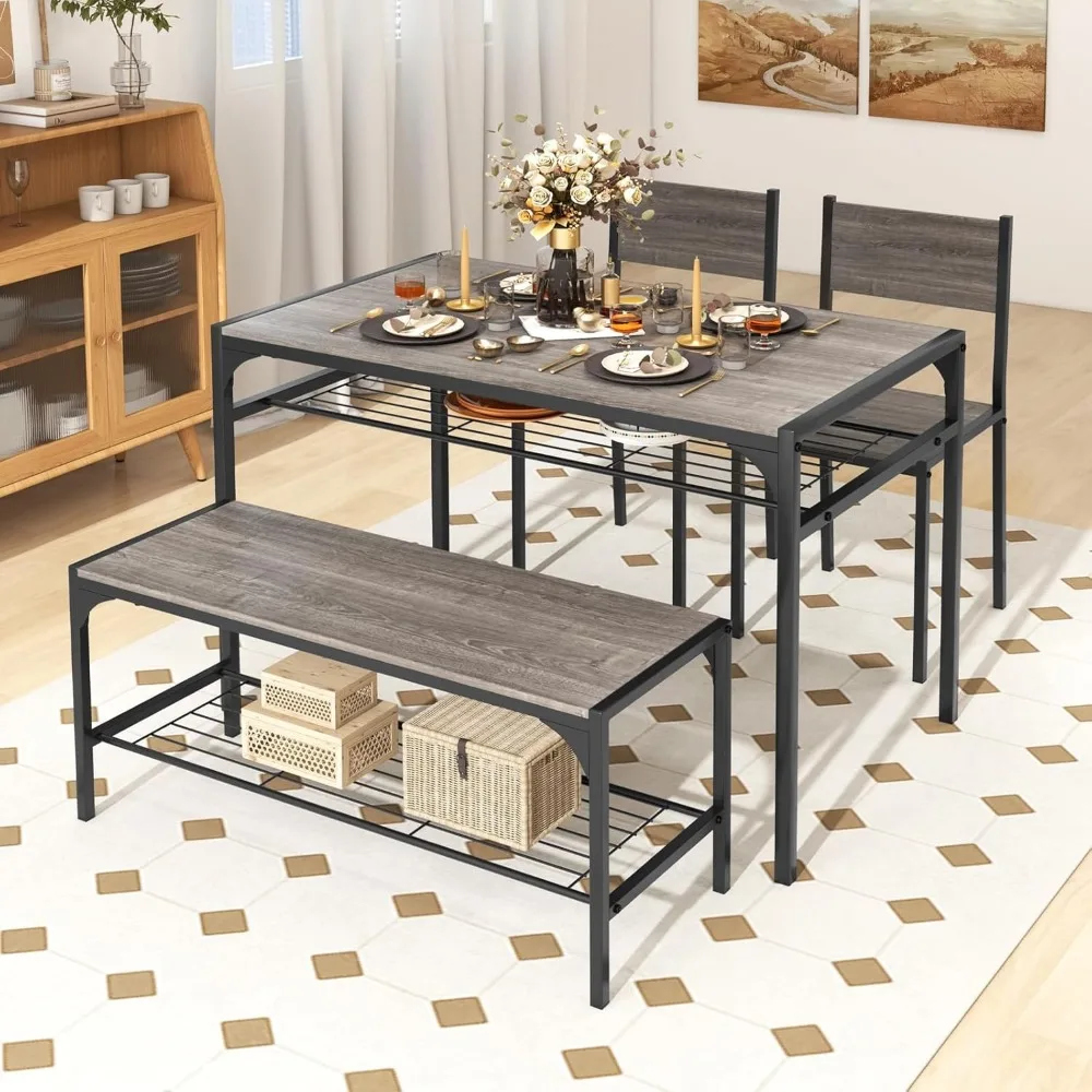 4 Pieces Dining Table Set, Kitchen Table and 2 Chairs for 4 with Bench, Storage Racks, Metal Frame & Space-saving Design, Indus