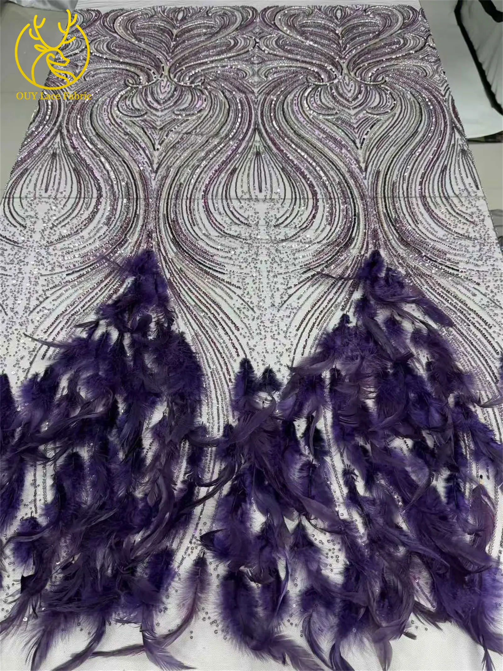 Lila 3D-Feder afrikanischer Perlen-Spitzenstoff 2026 Luxus nigerianischer Pailletten-Spitzenstoff Haute Couture Kleid Nähmaterialien – Detail 6
