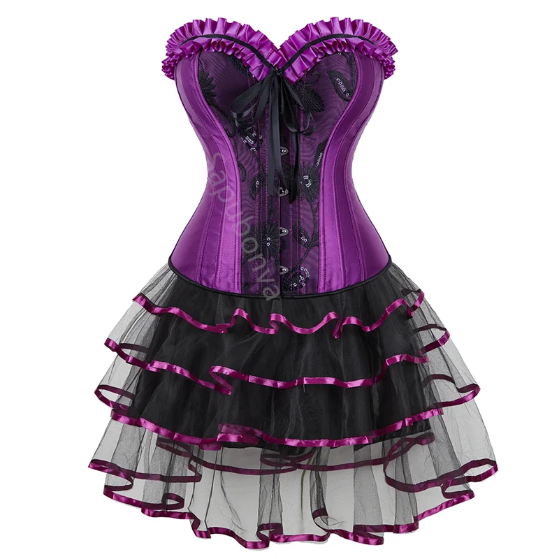 Sapubonva Purple Corset Dress Sexy Overbust Bustier Top Tutu Skirt Party Victorian Burlesque Gothic Exotic Lingerie Halloween