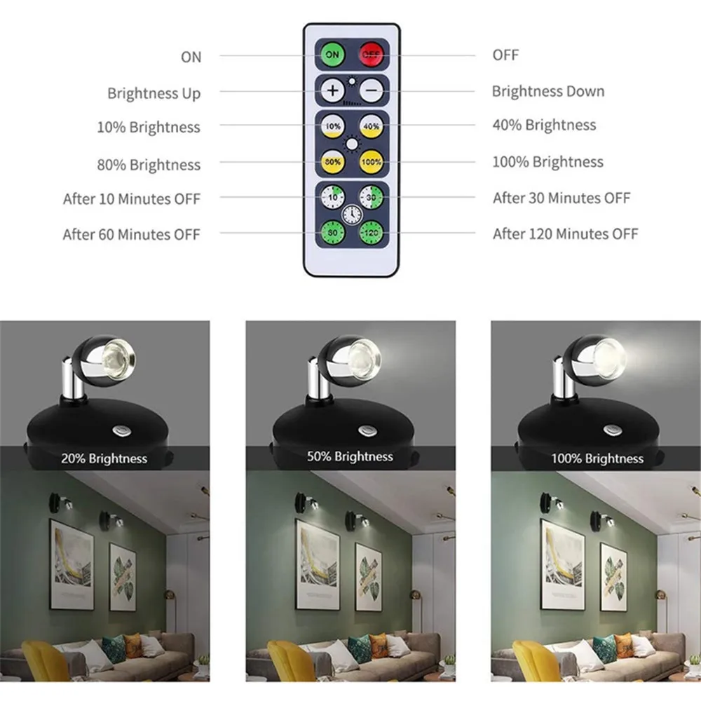 2 pces holofote sem fio quente interior a pilhas luzes de arte do acento para pinturas, luz de parede led com controle remoto