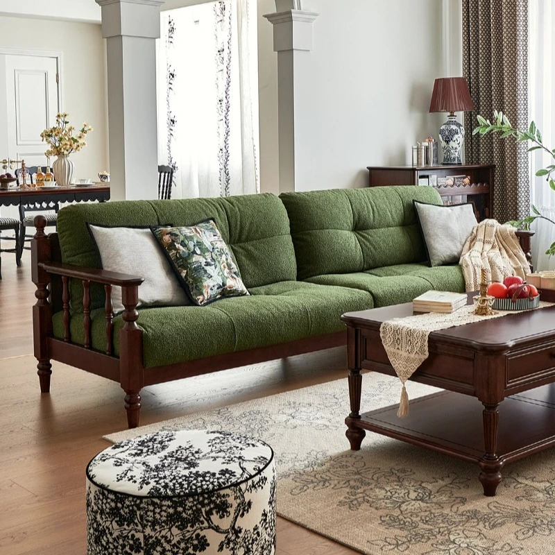 French retro wind green sofa solid wood straight row fabric sofa 2025 new living room multi-person sofa combination
