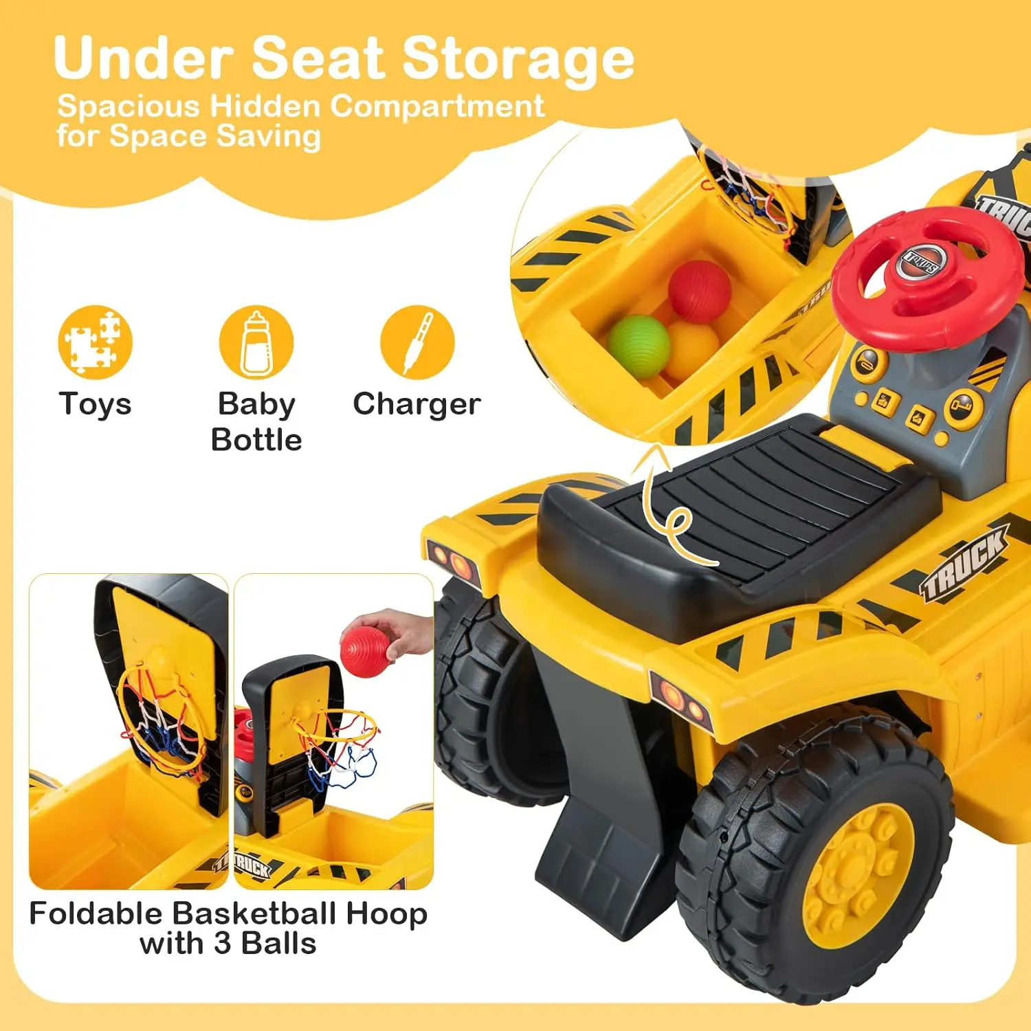 Electric Ride on Push Car, Toddler Bulldozer Digger w/Balls & Basketball Hoop, Outdoor Digging Scoop, Flexible Bucket, 6V Ride o