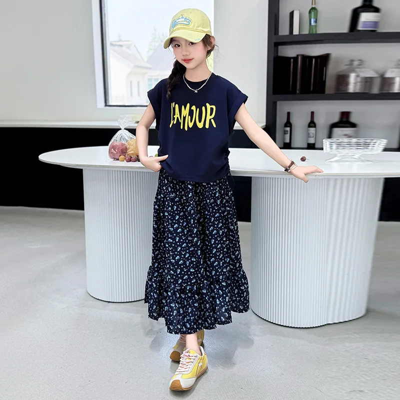 

Children Clothes Girls Summer 2026 Letter Print T Shirt and Floral Maxi Skirt Casual Loose Comfortable