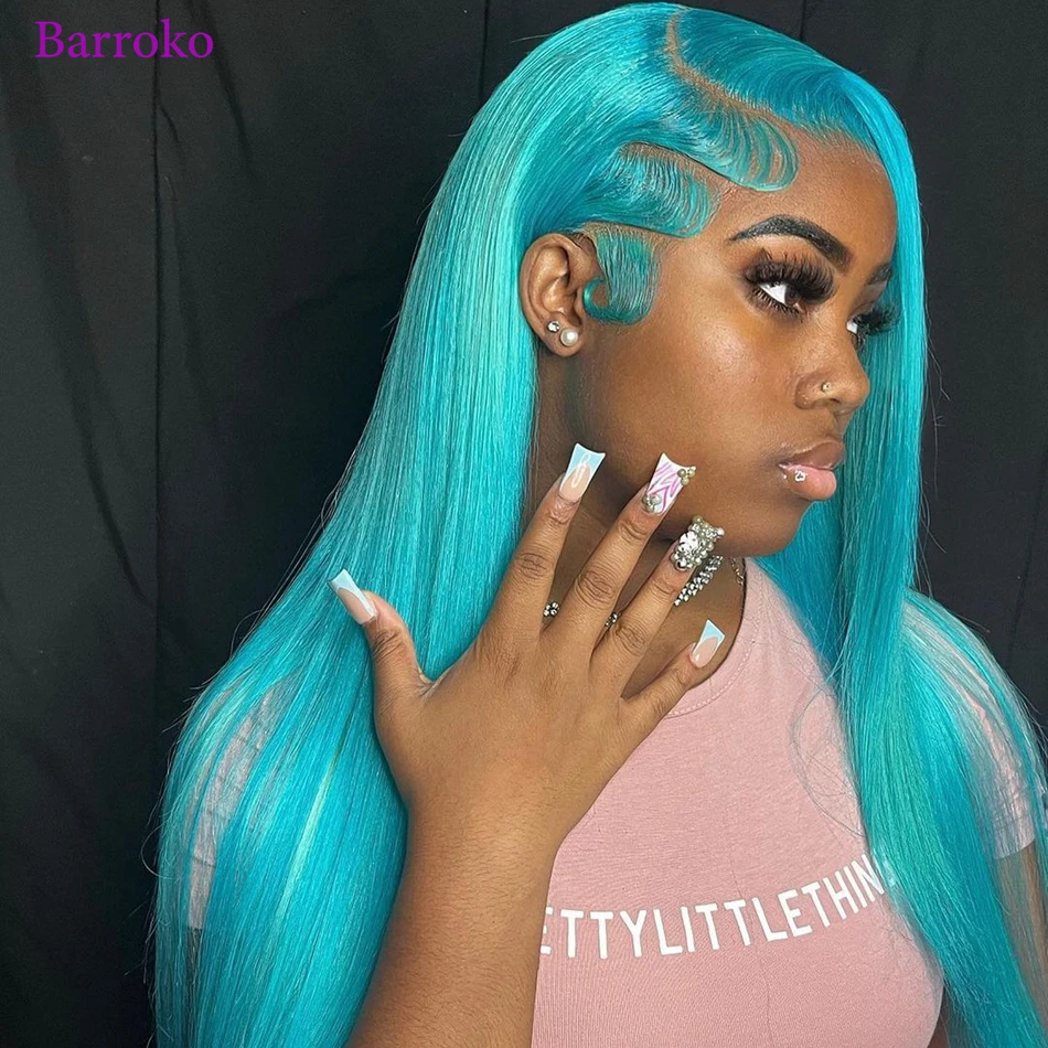 Barroko 613 Light Blue Colored Lace Frontal Wigs Human Hair Straight Transparent Lace Wig For Black Women 180% Pre Plucked Hair