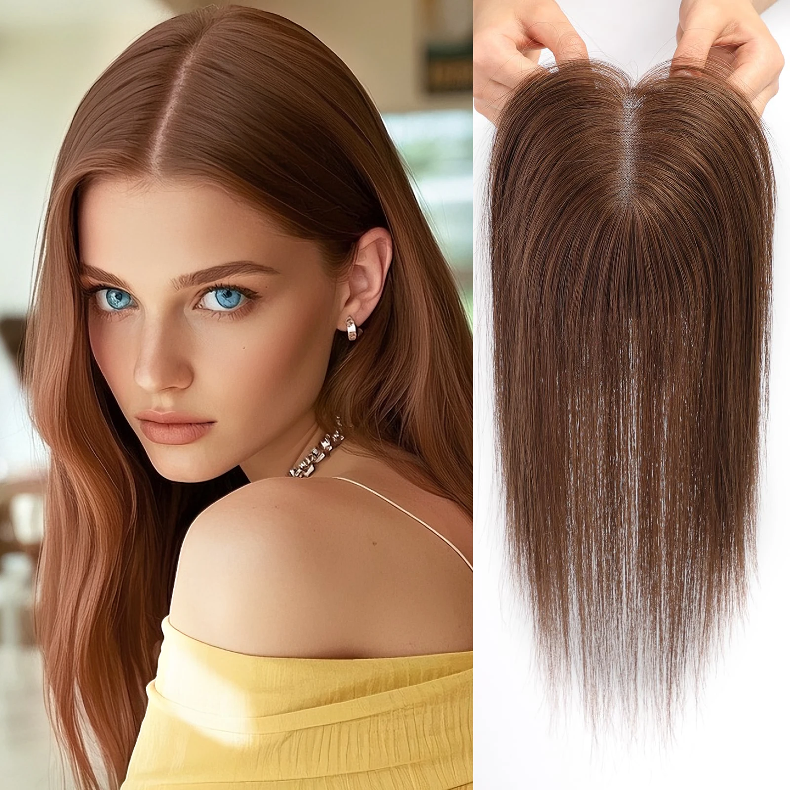

100% Human Hair Toppers Brown Hairpieces Middle Part Women Hair Topper with Lace Base Clip Silk Base in Hair Extensions Natural