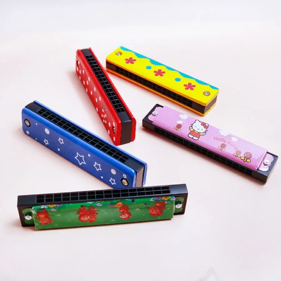 Children's wooden painted harmonica wooden parent-child new strange educational early education toy cartoon 16-hole harmonica
