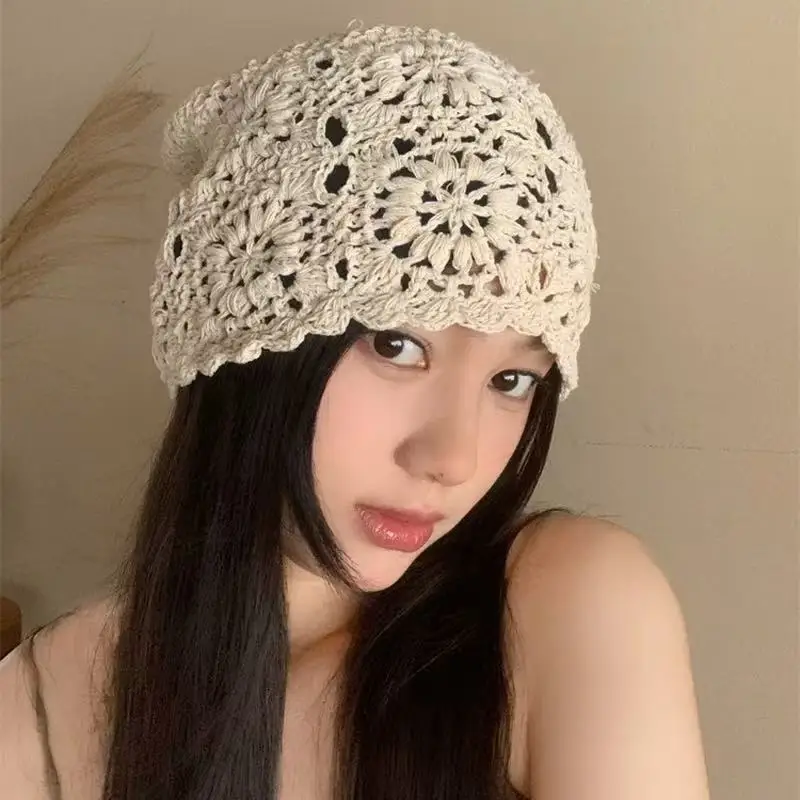Fashion Handcrafted Knitted Openwork Bucket Hat for Women, Crochet Ethnic Flared Beaded Ear Flap Tie-Up Pullover Knit Cap