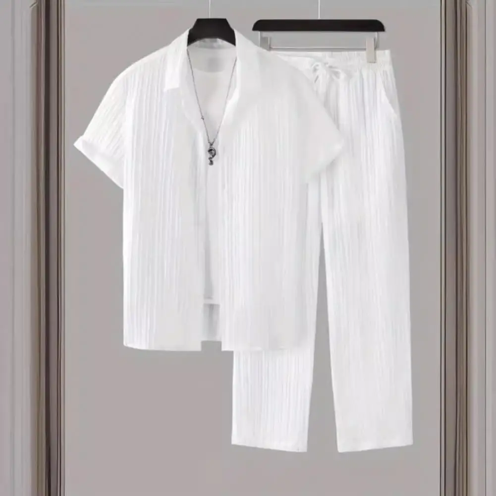 2Pcs/Set Men Outfit Spring/Summer Suit Solid Color Lapel Shorts Sleeve Shirt And Long Pants Set Loose Fit Casual Men Suit Set - Image 2
