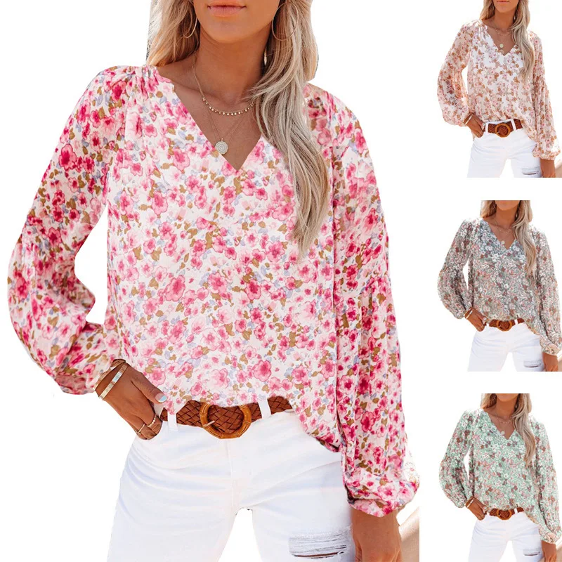 

2025 New Autumn and Winter European and American Women's Clothing V-neck Chiffon Top Women's Lantern Sleeve Floral Chiffon Shirt