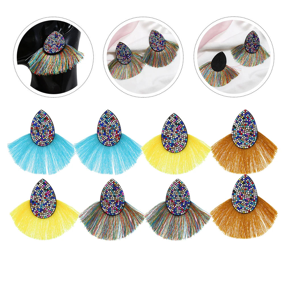 

4 Pairs Mixed Color Tassels Earrings Fan Shaped Fringe Eardrops Wedding Party Daily Wear Decorative Ear Jewelry For Women