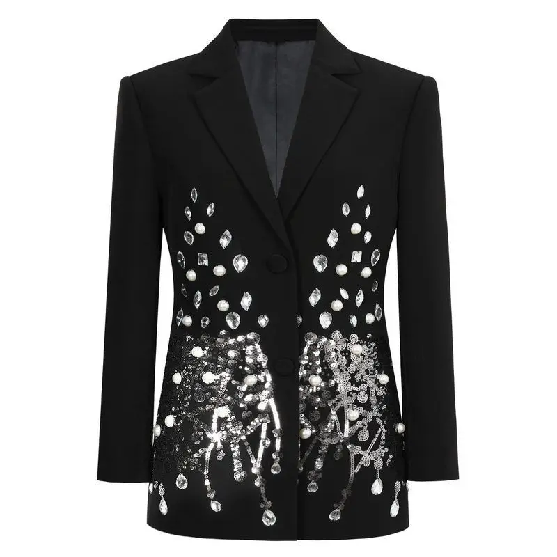 

Fashionable 2025 Spring Women's Slim Fit Diamond Embellished Heavy Work Suit Jacket Commute Style Long Sleeve Dark Color