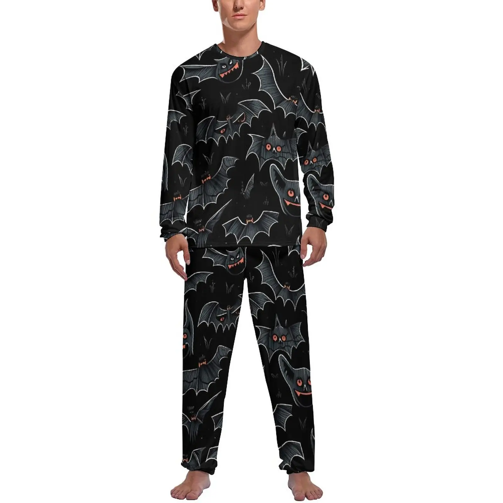 Orange-eyed Bat Pajamas Spring 2 Pieces Spooky Animal Retro Pajama Sets Man Long-Sleeve Casual Printed Sleepwear