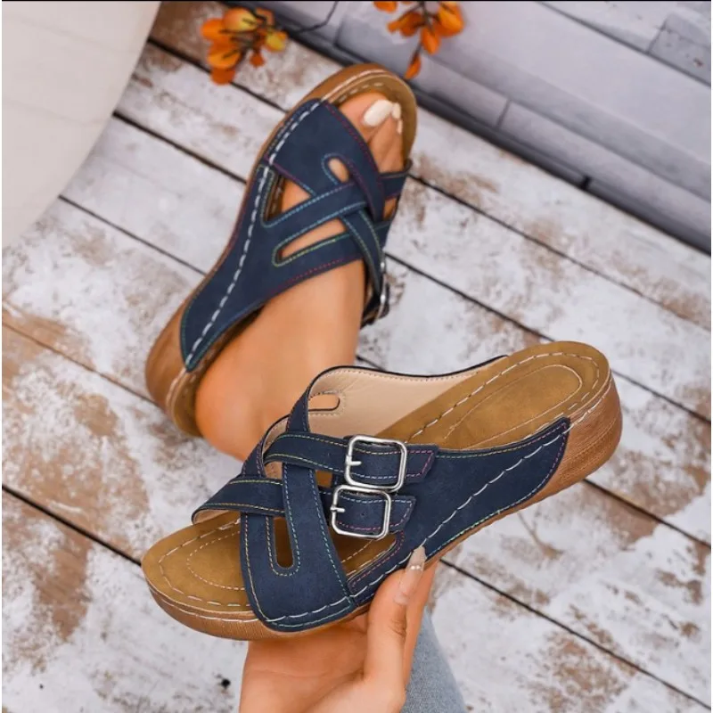 

Fashion Cross Straps Platform Slippers Women Comfort Double Buckle Wedge Sandals Woman Summer 2026 Anti Slip Casual Beach Shoes