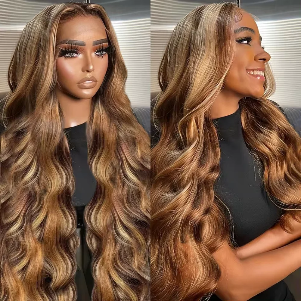 30 36 Inch Highlight 13x4 13x6 HD Lace Frontal Human Hair Body Wave Wigs 4/27 Color Body Wave Transparent HD Lace Front Wig