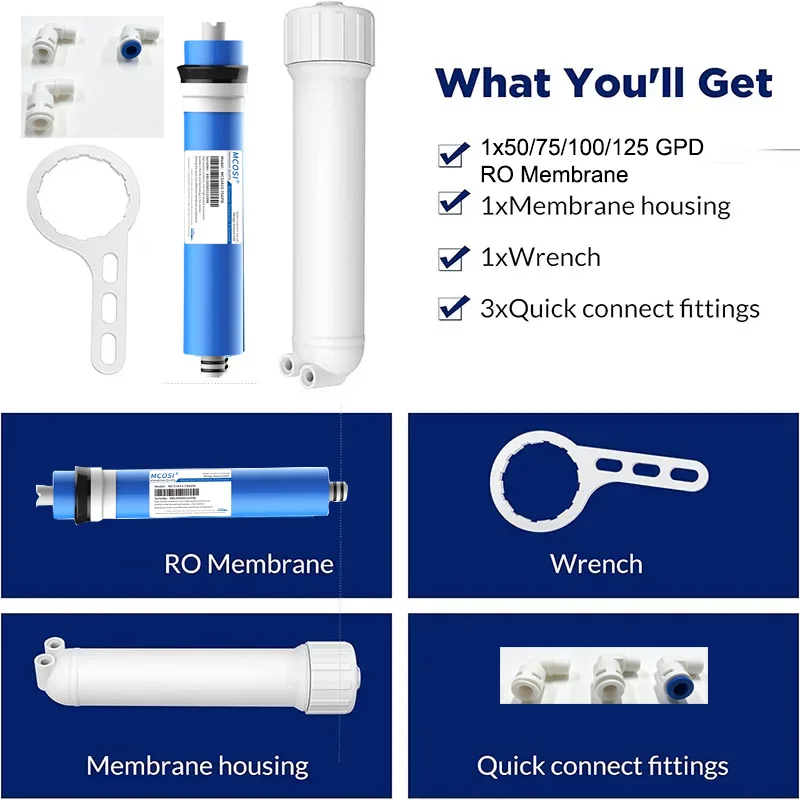 50-125GPD RO Membrane reverse osmosis system Water Purifier with Membrane Housing,Wrench,1/4