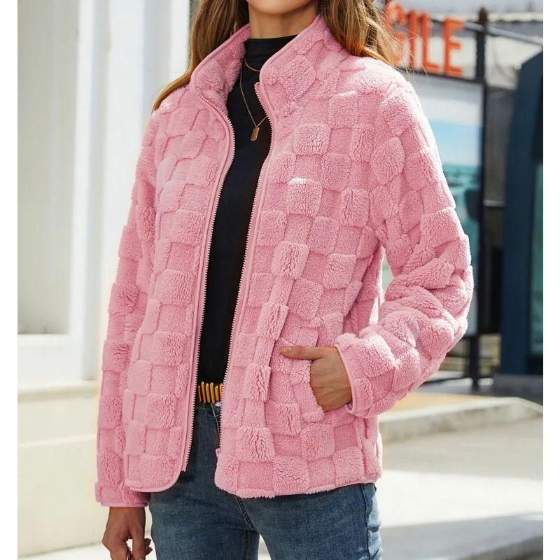 Autumn and Winter New Women\'s Fashion Long Sleeved Cardigan Zipper Loose Solid Color Checkered Plush Coat