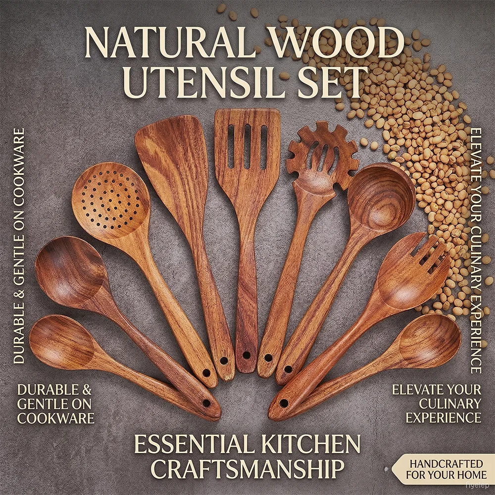 Imagen 3: Juego de 10 Utensilios de Cocina de Madera de Teca, Cucharas de Madera para Cocinar
