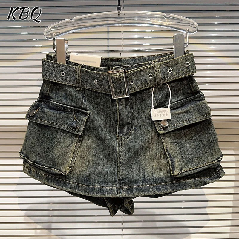 KBQ Patchwork Pockets High Street Denim Shorts For Women High Waist Spliced Belt Streetwaer Short Pants Female Summer Fashion