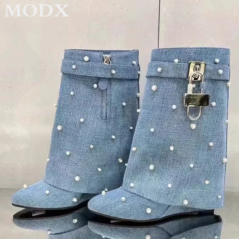 New Retro Western Cowboy Boots Female Luxury Pearl Denim Metal Shark Lock Mid-calf Boots High Heel Pointed Toe Pants Tube Shoes