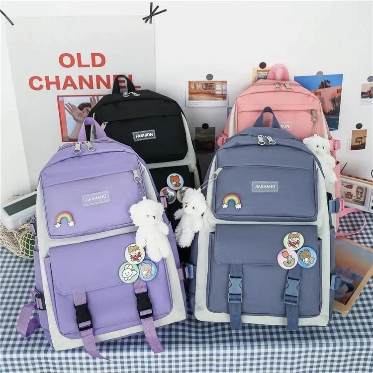 Four Piece Set of Student Backpack for Women in Korean Version Casual Canvas High School Campus with Large Capacity