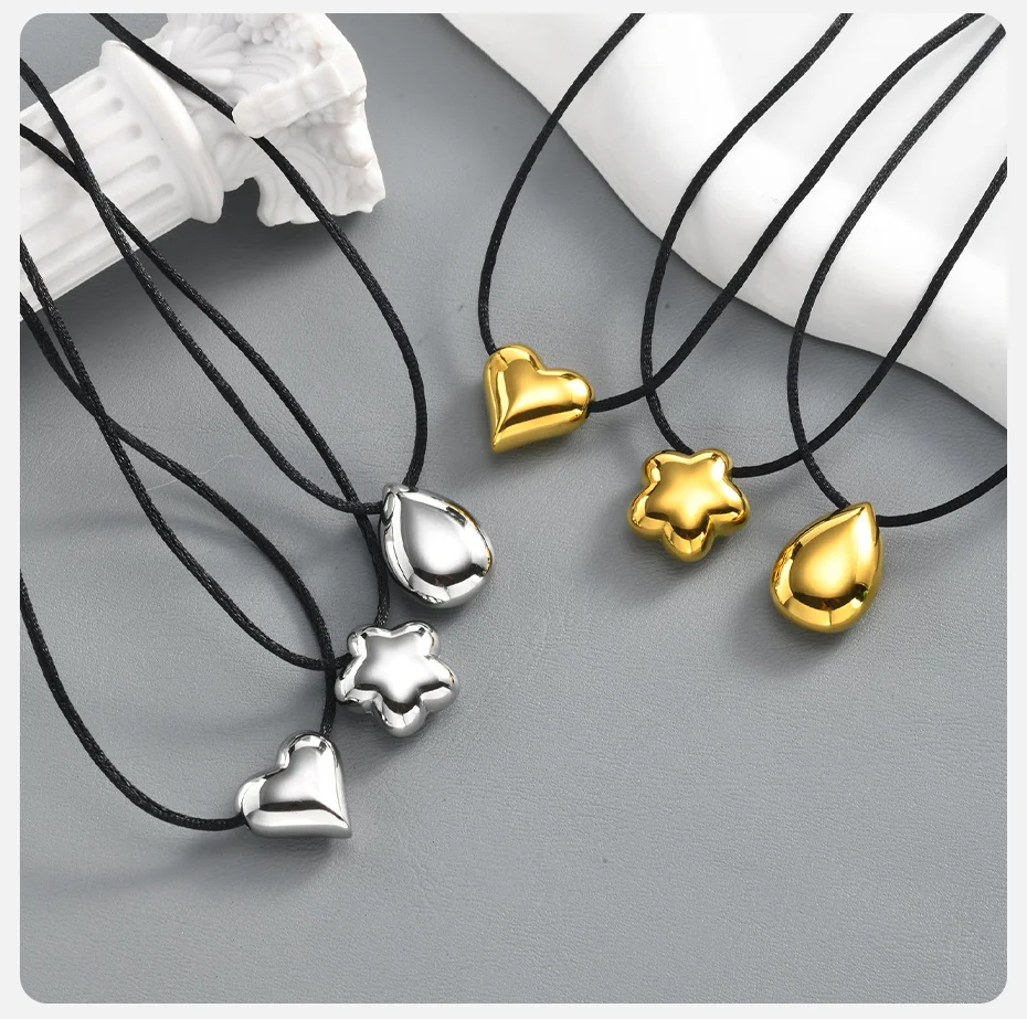 Vnox glänzende Tropfen-Herz-Anhänger-Halskette für Damen, unregelmäßige geometrische Metall-Wachsseil-Pulloverkette, Y2k-Schmuck – Detail 13
