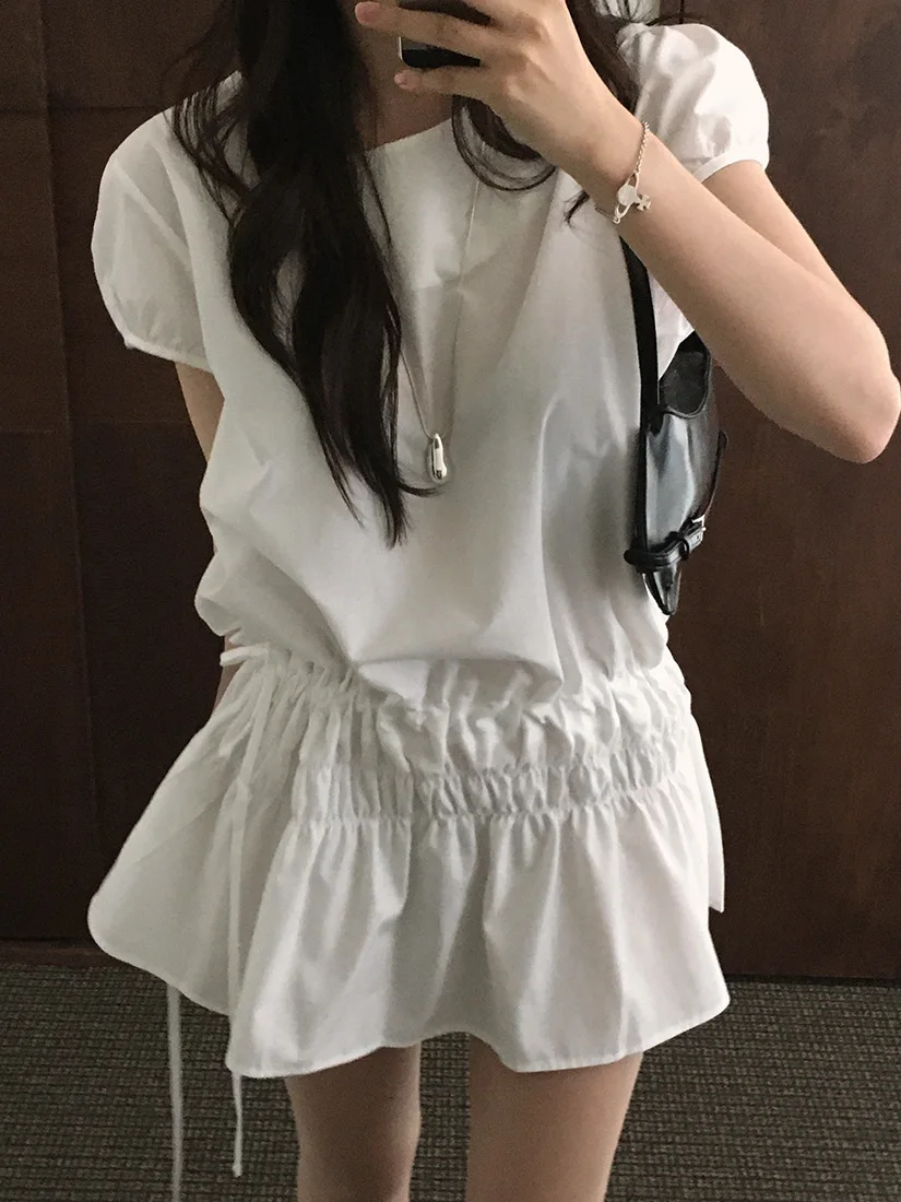 Chic Retro Short Skirt Women's Fashion Small Size Elastic Drawstring Design Bubble Sleeve Dress Korean Style Casual round Neck