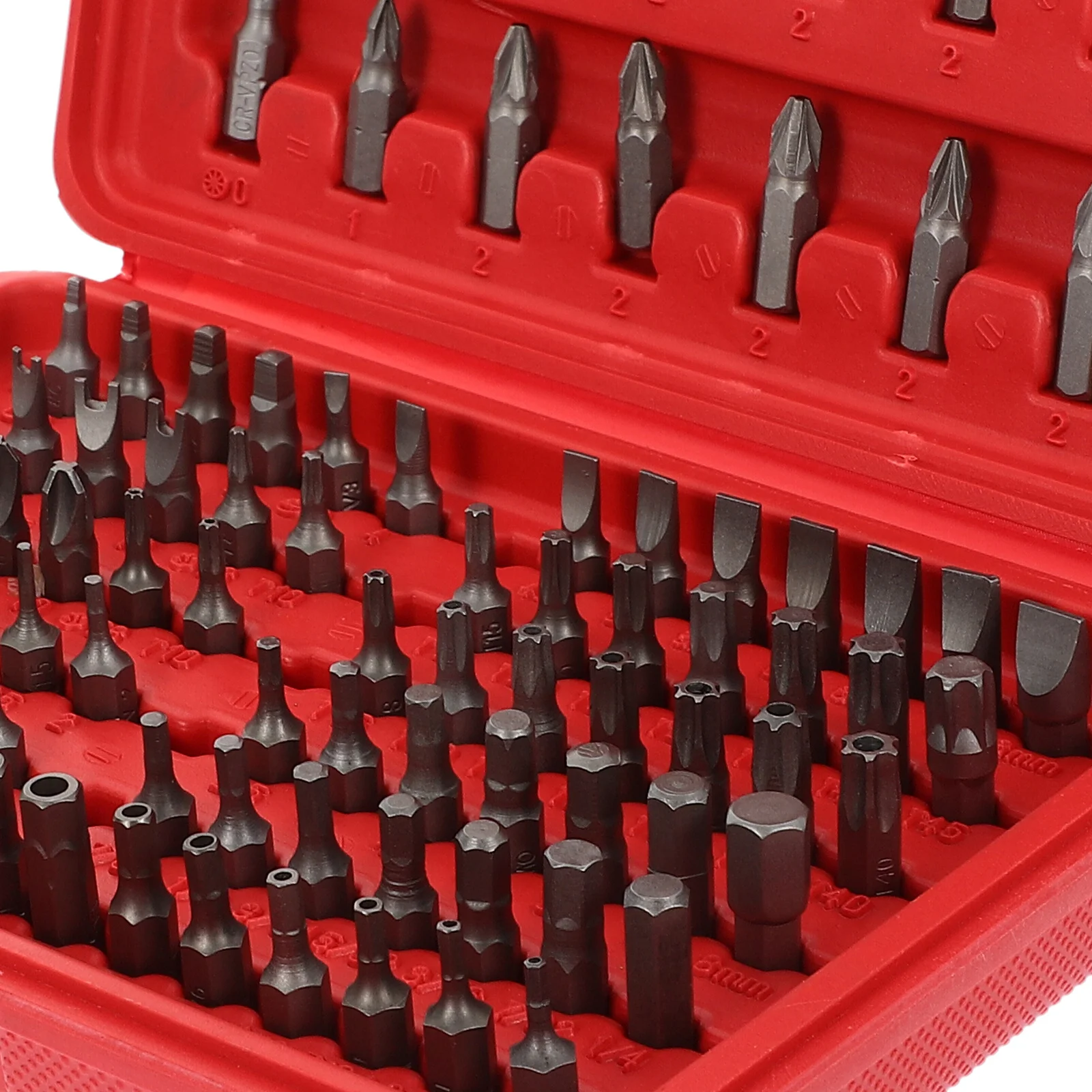 

100Pcs Screwdriver Bit Set Strong Hardness Longevity Sturdy Plastic Carrying Labeled Slots Red Screwdriver