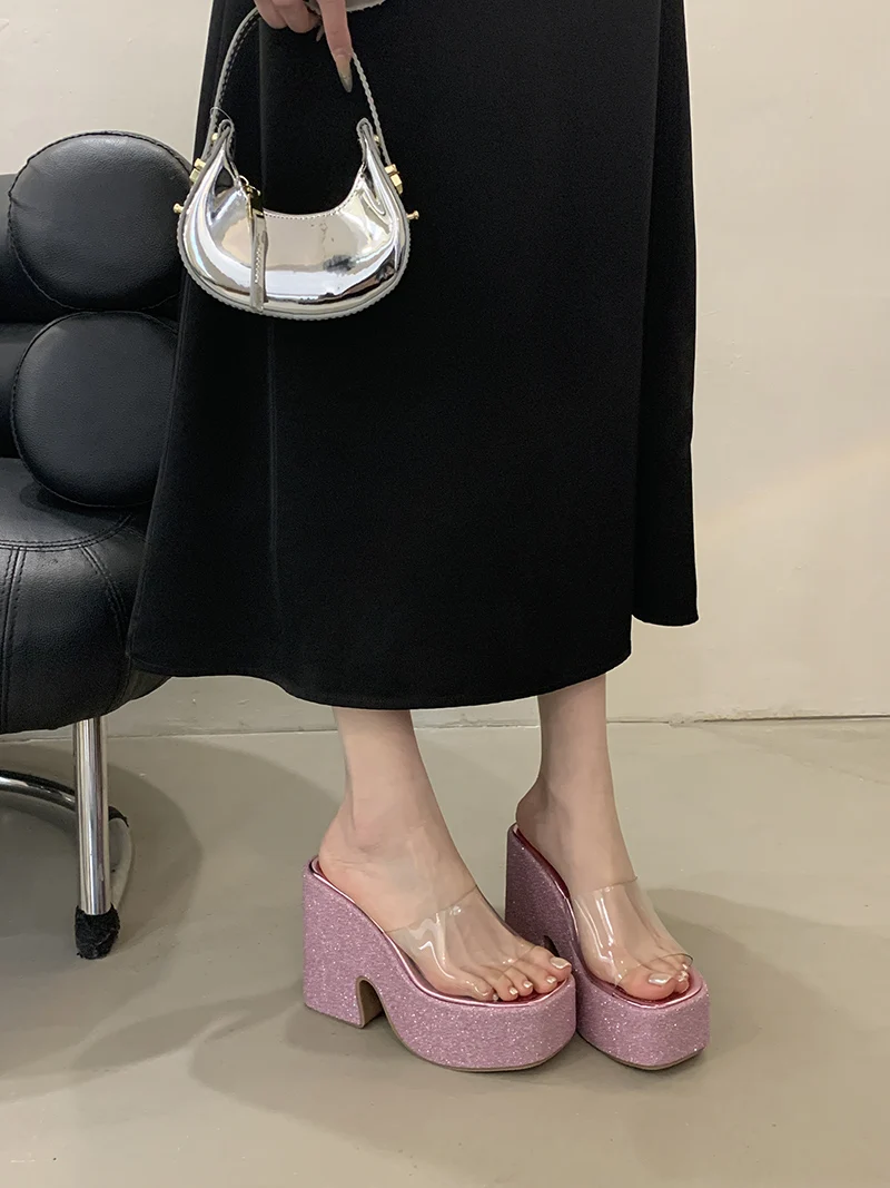 Pink Platform Heels Slippers 12cm Chunky Heeled Sandals For Woman PVC Clear Block Shoes Silver Summer Sandals Ladies Sandales