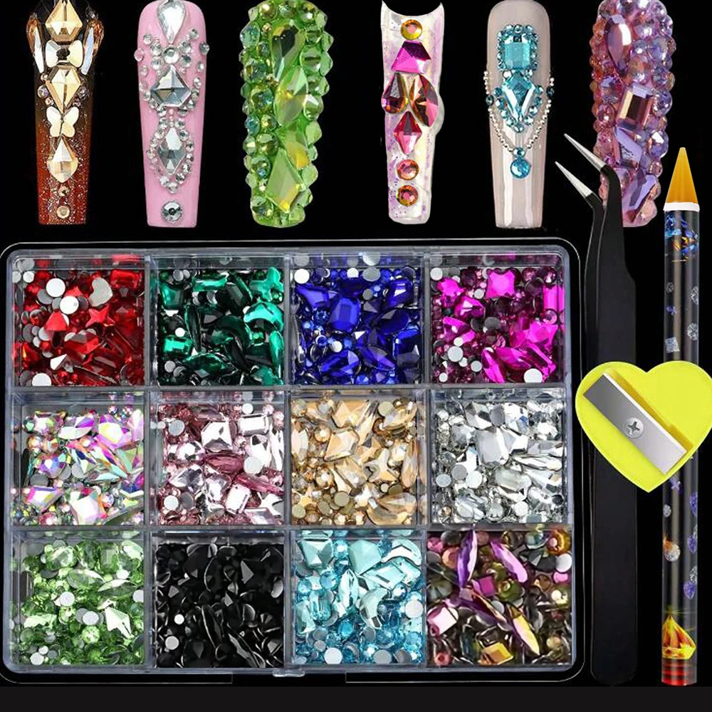 12Grids(400-500Pcs)3D Mixed-shapes Glass Crystal Nail Art Rhinetsone Shiny Red/Blue/Clear Nail Crystal DIY Flat-Bottom Diamond