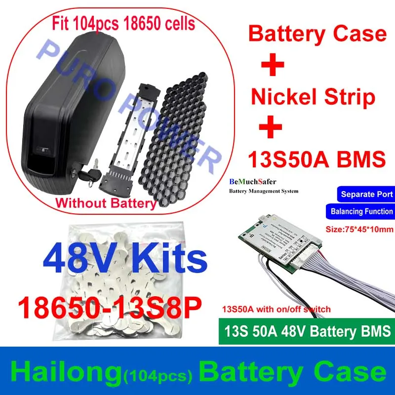

Чехол для аккумулятора Hailong подходит для 104 шт. 18650 ячеек 36 В 48 В 52 В 60 В 72 В, никелевая полоса 10S 13S 14S 50A BMS для аккумуляторной батареи DIY