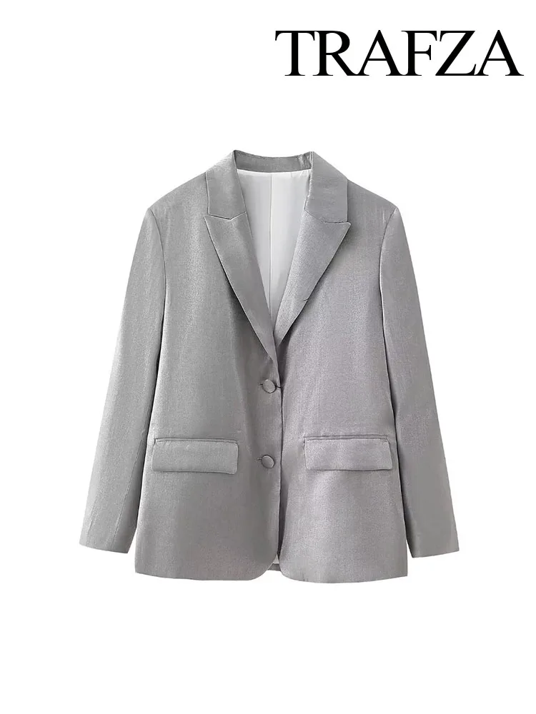 

TRAFZA Spring Fashion Women Blazer Coats Silver Turn-Down Collar Long Sleeves Pockets Single Breasted Female Coats Office Lady