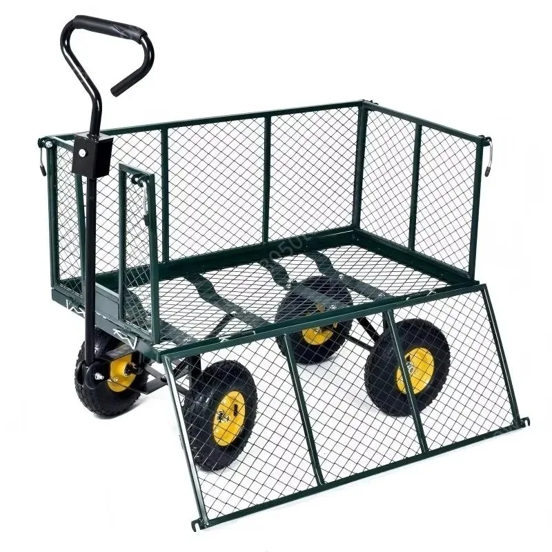 Heavy-Duty Steel Mesh Garden Cart with 4 Wheels,Utility Yard Wagon with Foldable Handle Removable Sides,Outdoor Rolling Trolley
