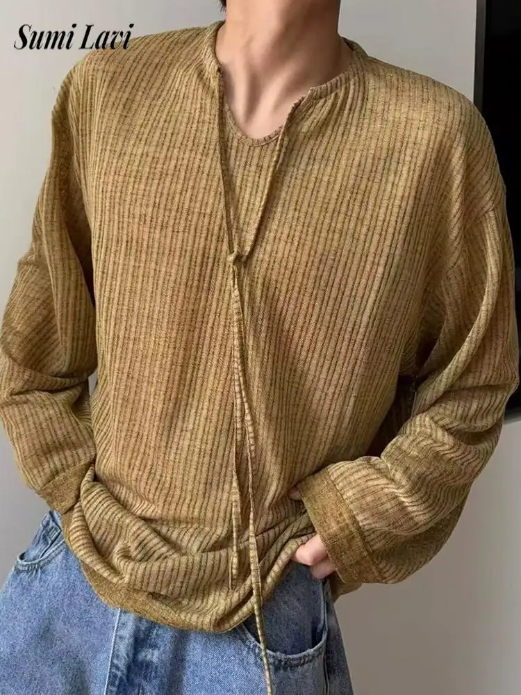 Daily Leisure Mens Breathable T Shirts 2026 Autumn Casual Solid Color Textured T-shirt For Men Vintage Drawstring V Neck Tees