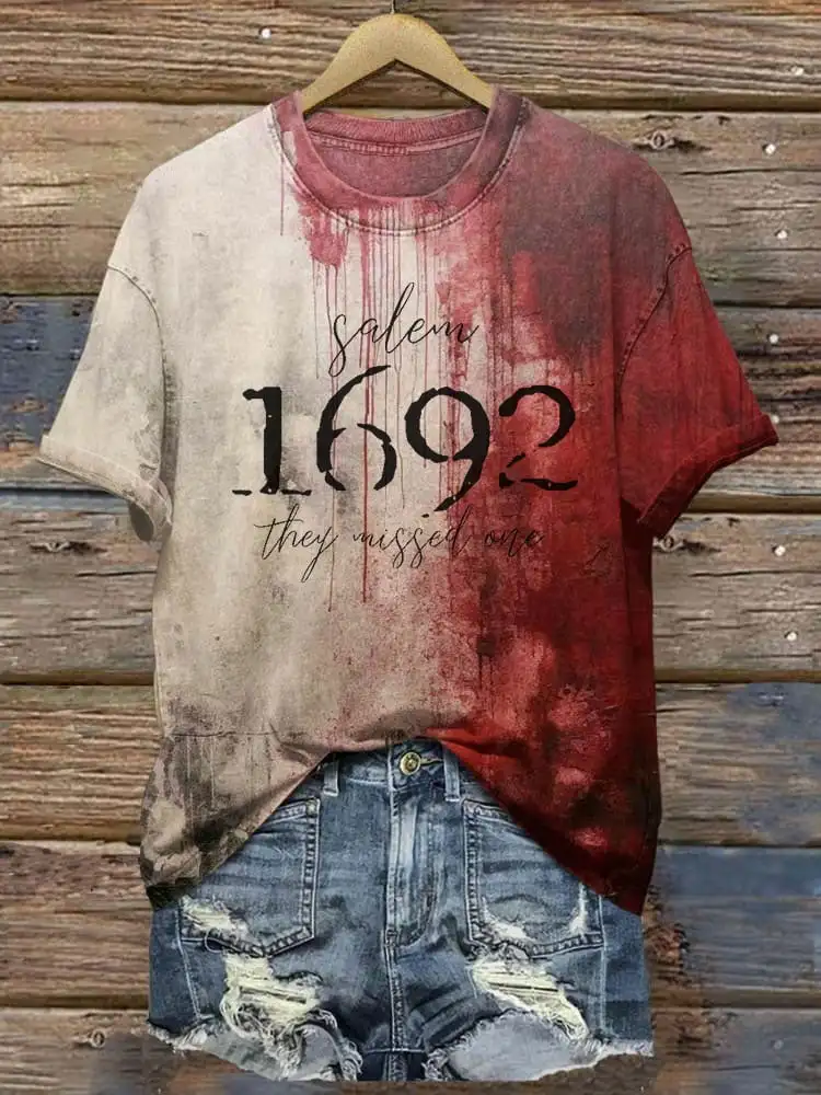 Women's T-shirt Halloween 3D bloody letter pattern printed T-shirt summer casual round neck short sleeve T-shirt loose clothing