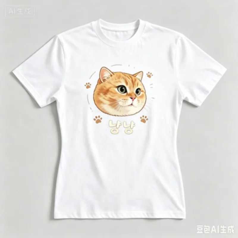 Womens Soft Modal Crew Neck T‑Shirt, Cute Orange Cat Graphic Tee Korean Pet Letter Print Casual Fashion Short Sleeve Tee