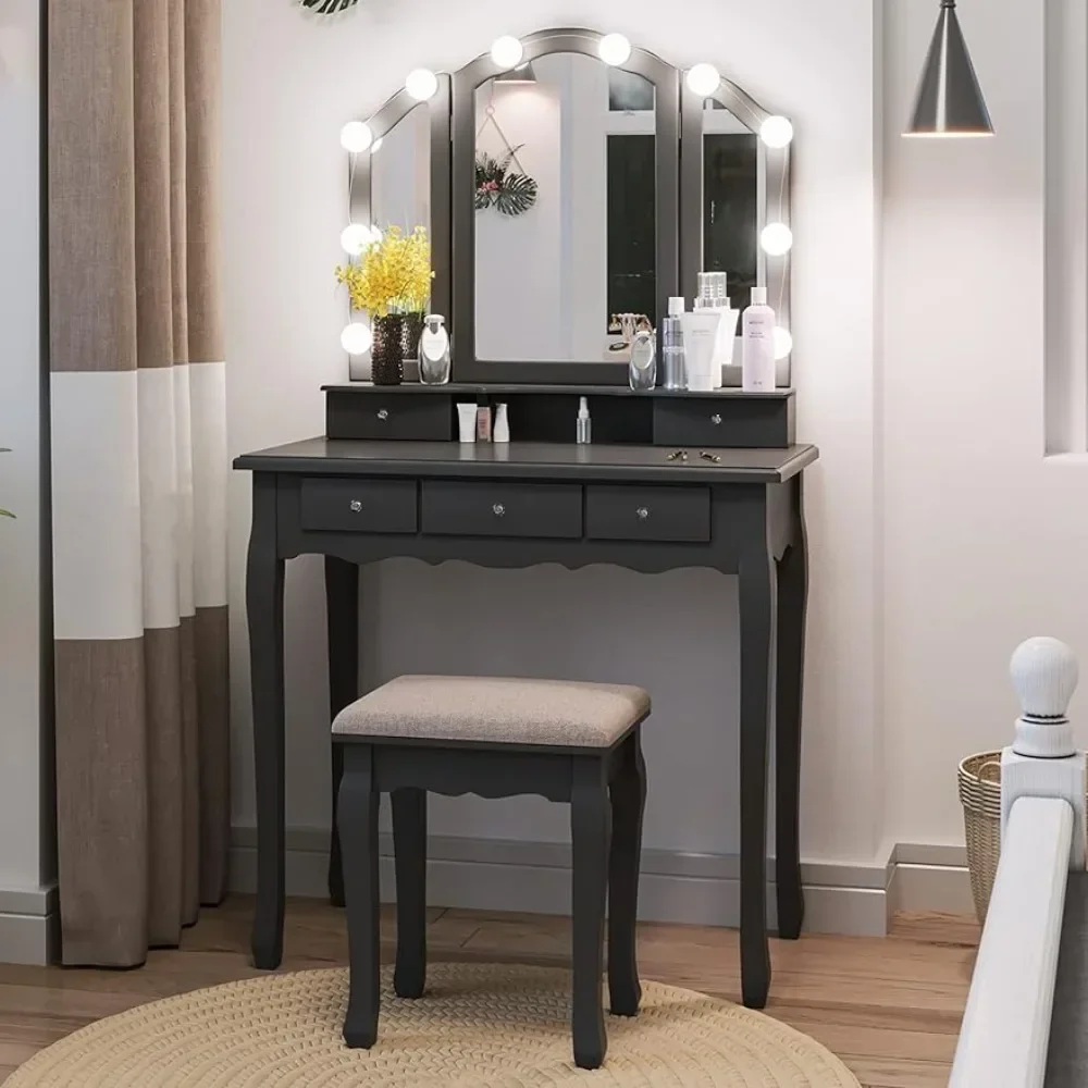 

Dressing Table, Dressing Table with 10 Bulbs and 3 Color Lighting Modes, 5 Drawers and Upholstered Stool Dressing Table