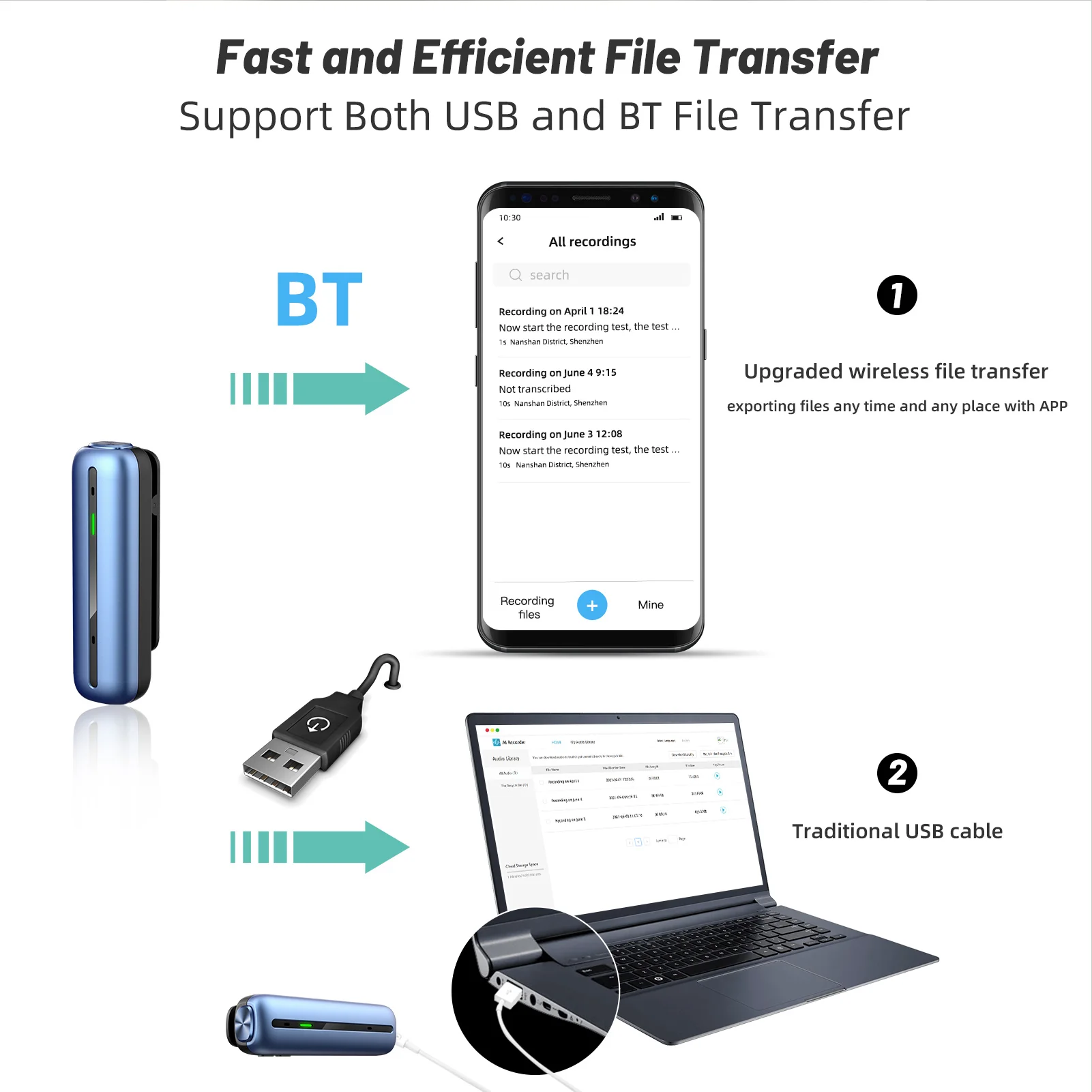 Mini Voice Recorder 16GB Digital Audio Recorder with AI Transcription and Translation on APP in 38 Languages 48 Accents USB BT