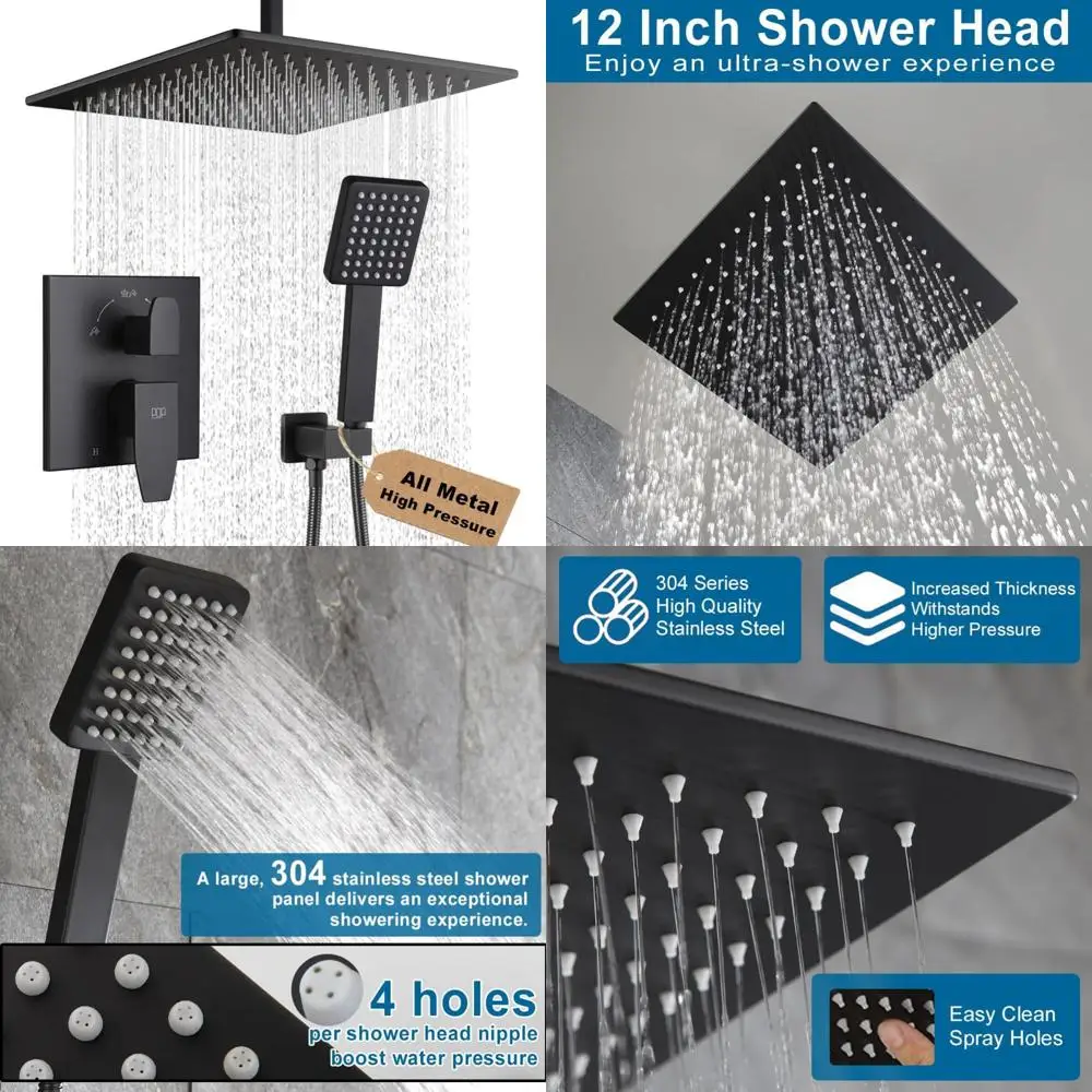 

12 Inch Matte Black Ceiling Mount Shower Set with Rainfall Head and Handle, Bathroom Rain Shower System