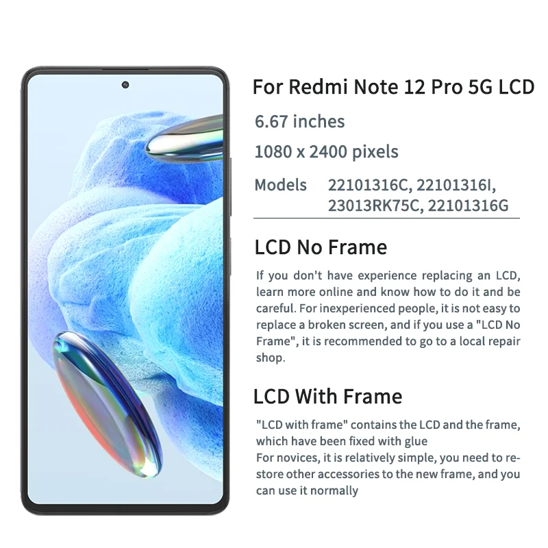 Para Xiaomi Redmi Note 12 Pro 5G LCD 22101316 Asamblea del digitizador de la pantalla táctil de la exhibición C para Redmi Note 12 Pro 5G LCD con el marco