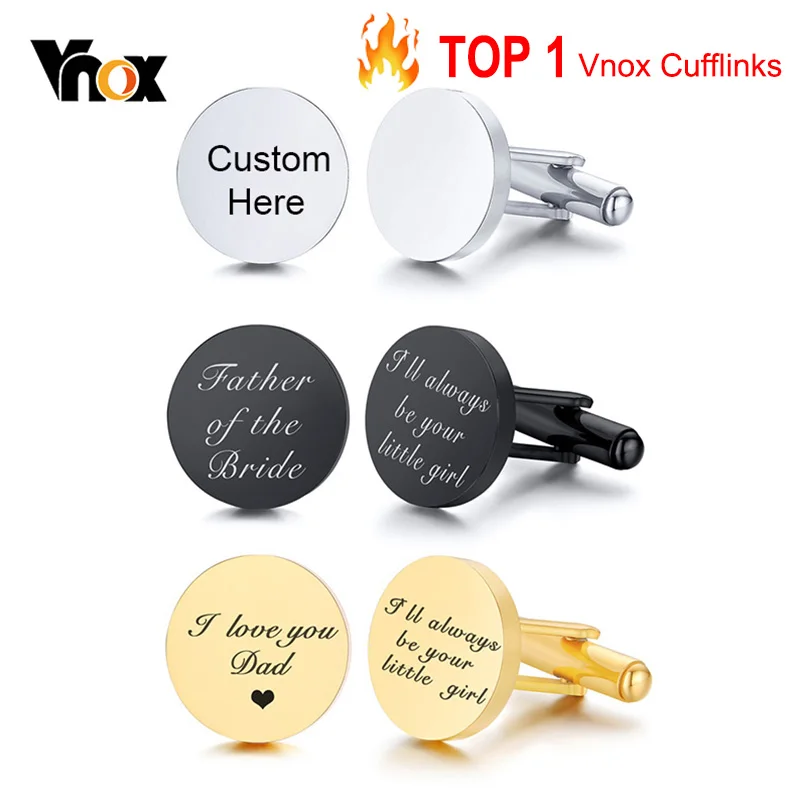 Vnox Customized Engrave Men's Cufflinks Geometric Stainless Steel Metal Cuff Links Personalized Gents Sleeve Nail Gift for Him