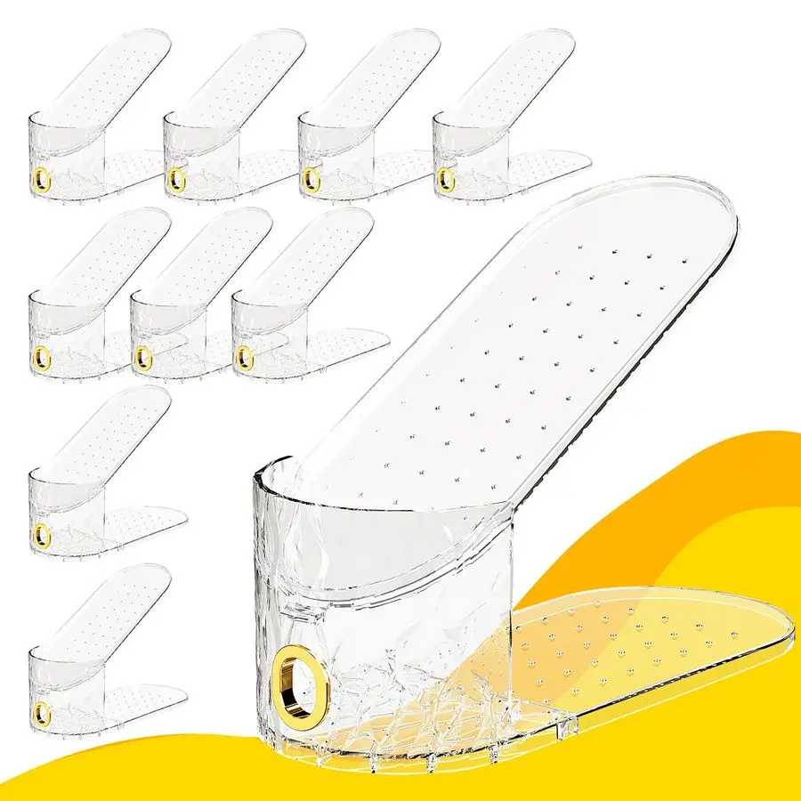 

Slots Organizer, Adjustable 10 Pack Shoe Stacker for Closet Storage, Clear Double Layer Space Saver, Durable and Stackable Shoe