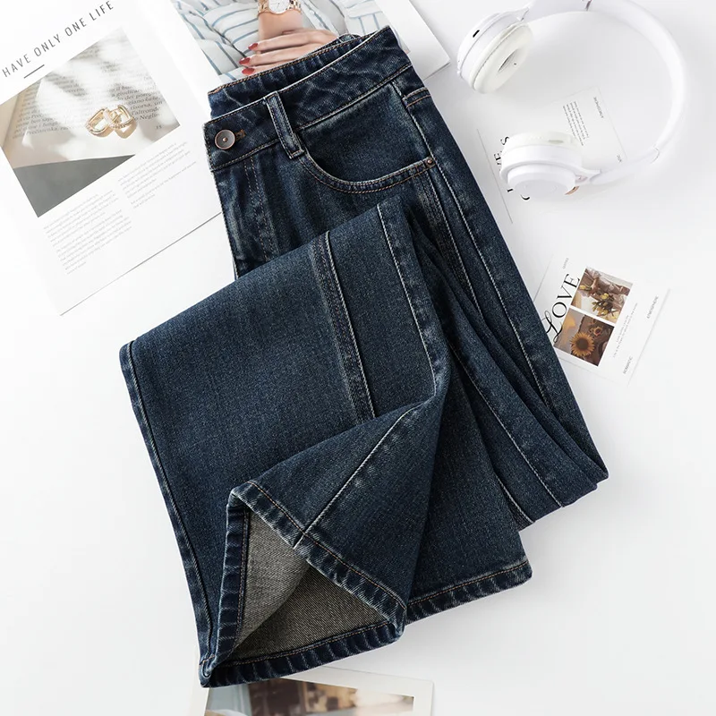 أزياء الأزرق واسعة الساق الجينز الخريف الأمريكية الرجعية عالية الخصر التخسيس فضفاض السراويل المستقيمة السراويل الطويلة