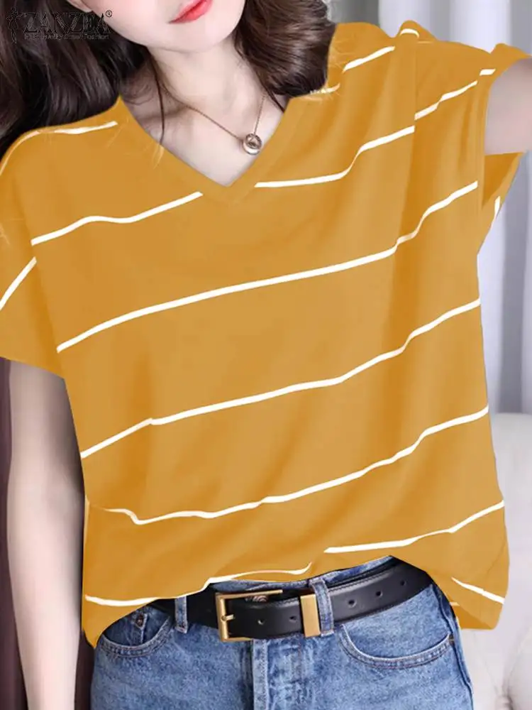 ZANZEA Casual Loose Tops Summer Tees 2024 Women Striped T Shirt Fashion Short Sleeve V Neck Elegant T-Shirts Blusas Oversized