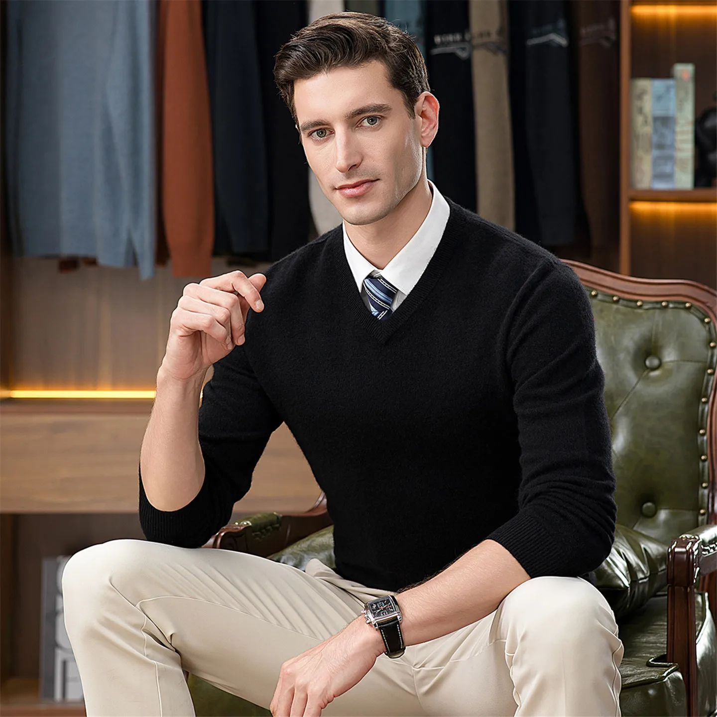 겨울 100% 순수 캐시미어 스웨터 남성용 V넥 두꺼운 중년 카라 스웨터 고급 비즈니스 캐시미어 스웨터