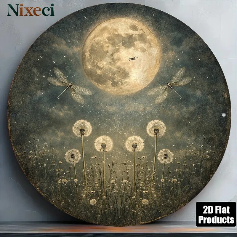 1pc 8X8In/20X20Cm 2D Flat Round Sign, Vintage Plaque Featuring Dandelions And Dragonflies Under Moonlight