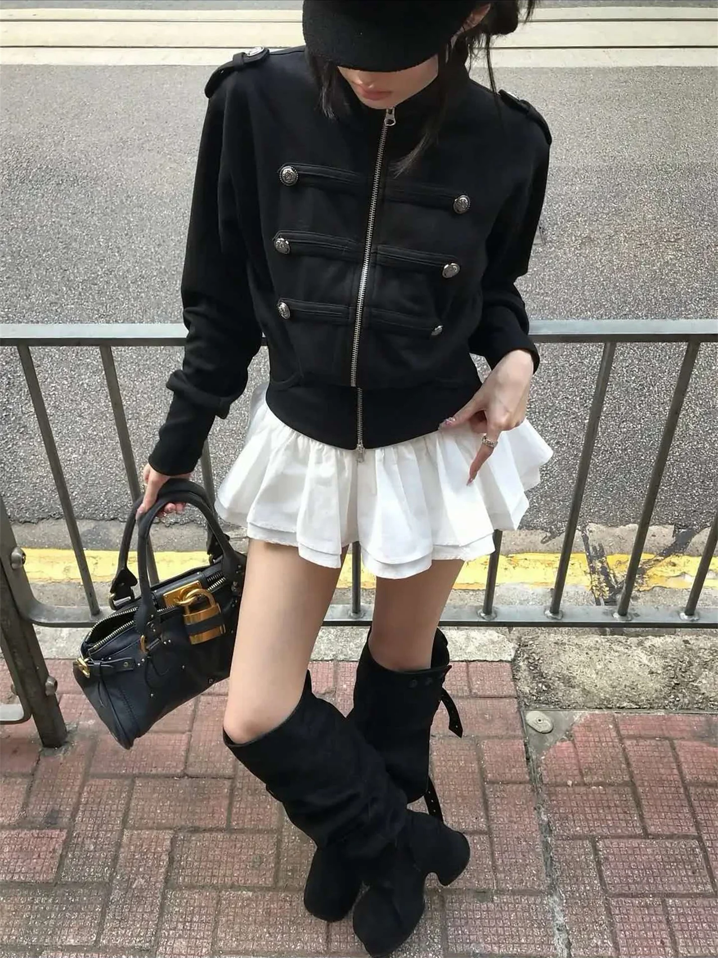 Napoleon Retro Court Style Stand Collar Double Button Jacket Women's Slim Fit Short Coat Top Polyester Fiber Long Sleeve Casual