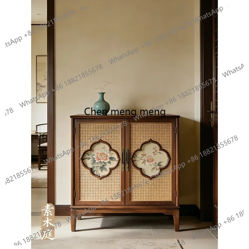 

New Chinese-style North American black walnut rattan porch locker foyer entry solid wood storage cabinet