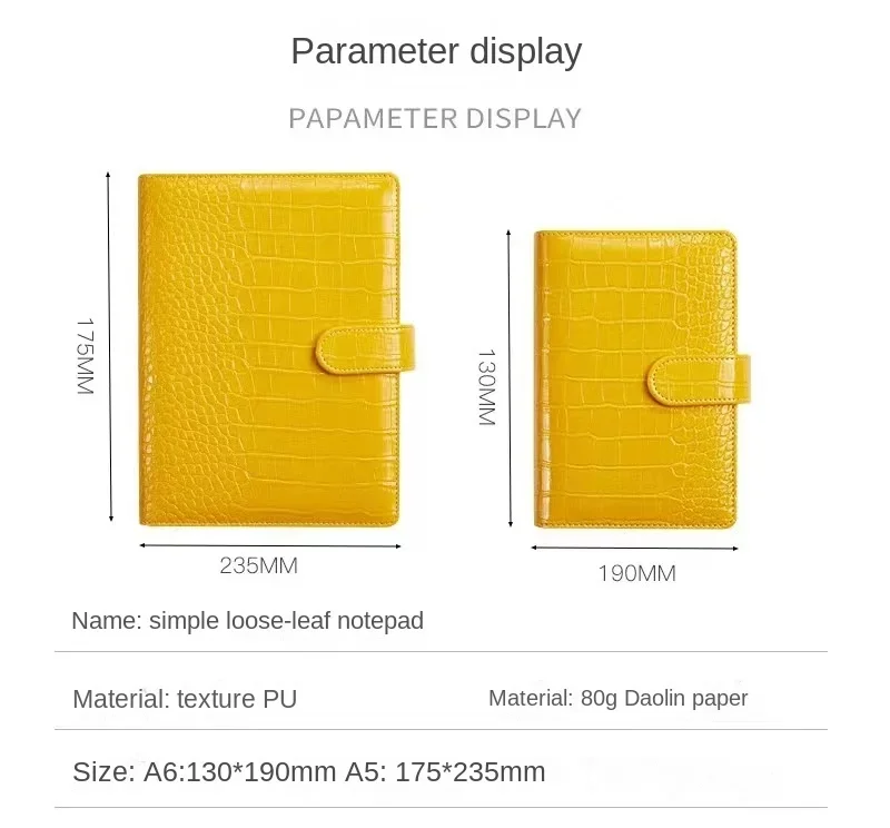 2026 New Crocodile Color 6 Ring Binder PU Clip-on Notebook Leather Loose Leaf Notebook Cover Notebooks Journal Stationery