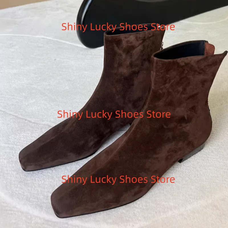 

Velvet Female Short Boots Sewing Lines Ladies Square Toes Flat Heels Back Zippers Chassure Femme Solid Zapatos Mujer Pleated